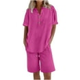 thumbnail image 2 of Two Piece Sets for Lady Dressy Womens Cotton Linen Sets, Solid Color Loungewear Outfits Short Sleeve Button V-Neck Shirts Loose Short Pants Loose Casual Beach Clothing S, 2 of 5