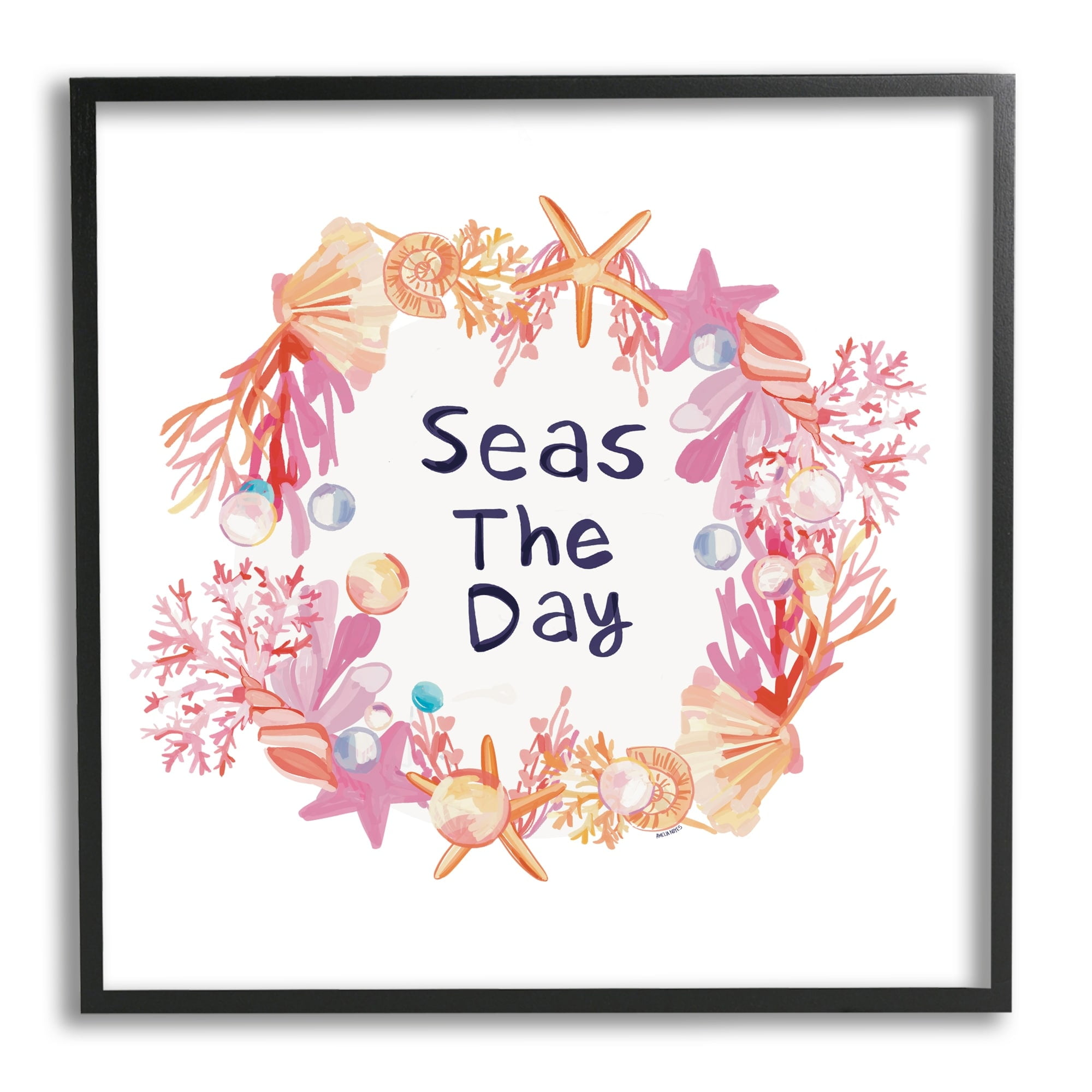 Stupell Industries Seas The Day Marine Life Coral Botanical Wreath Graphic Art Black Framed Art Print Wall Art, Design by Amelia Noyes