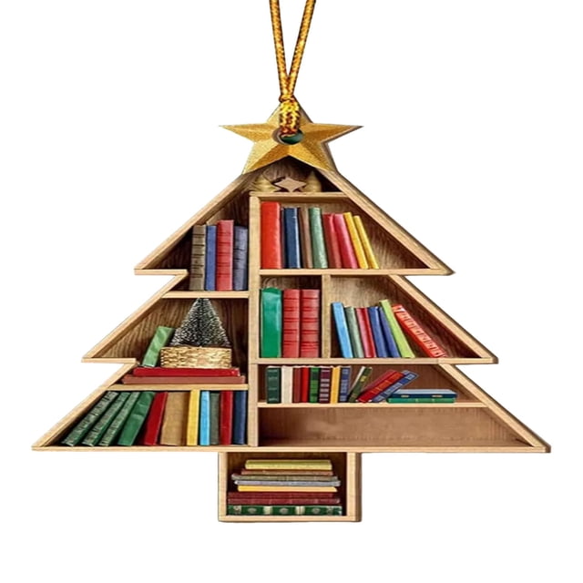 Christmas Tree Decorations,2D Flat Acrylic Christmas Books Ornament Tree Shape, Bookshelf Pendant Novelty Hanging Decor for Holiday