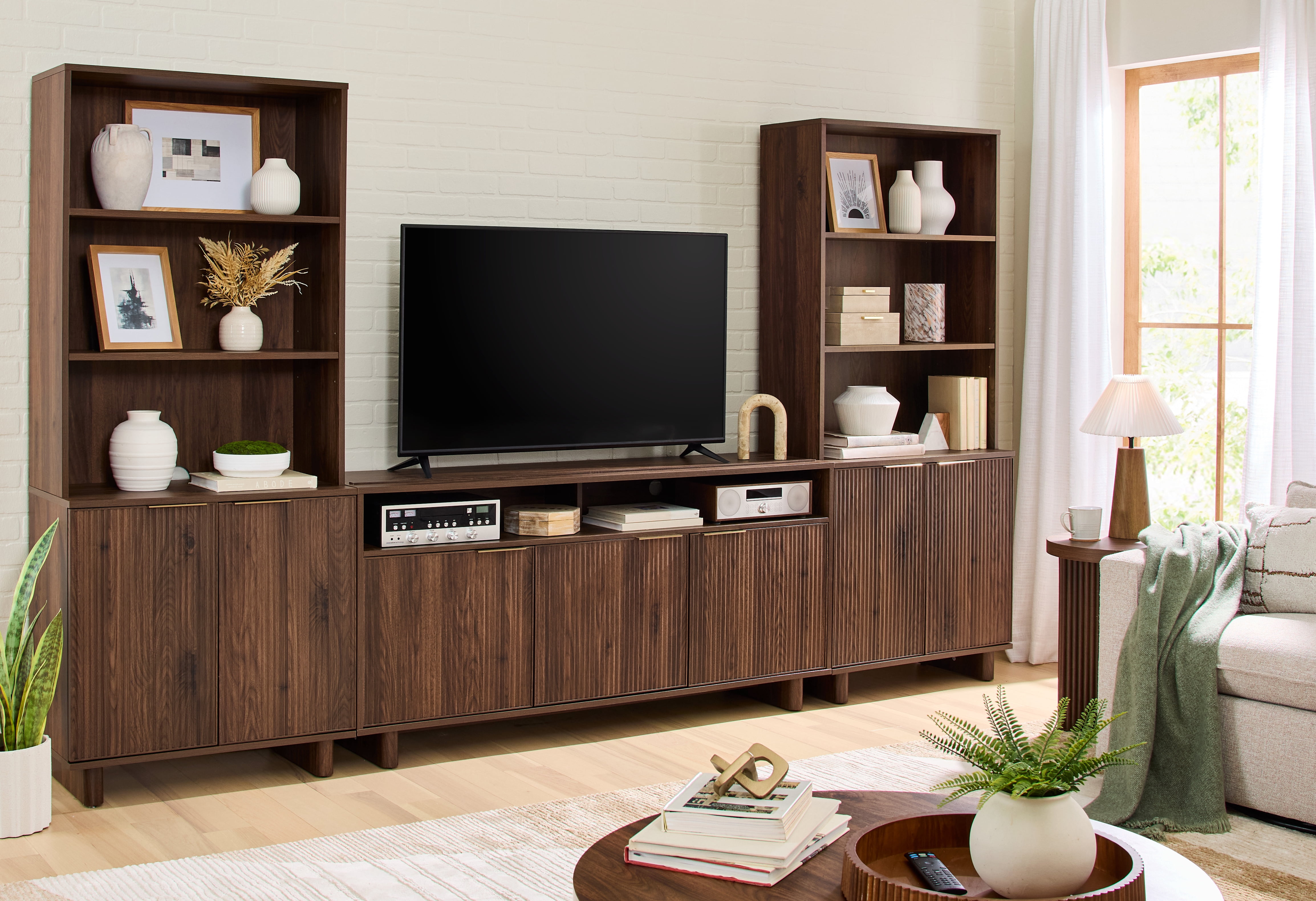 Better Homes & Gardens Lillian Fluted TV Stand for TVs Up to 70", Walnut Finish