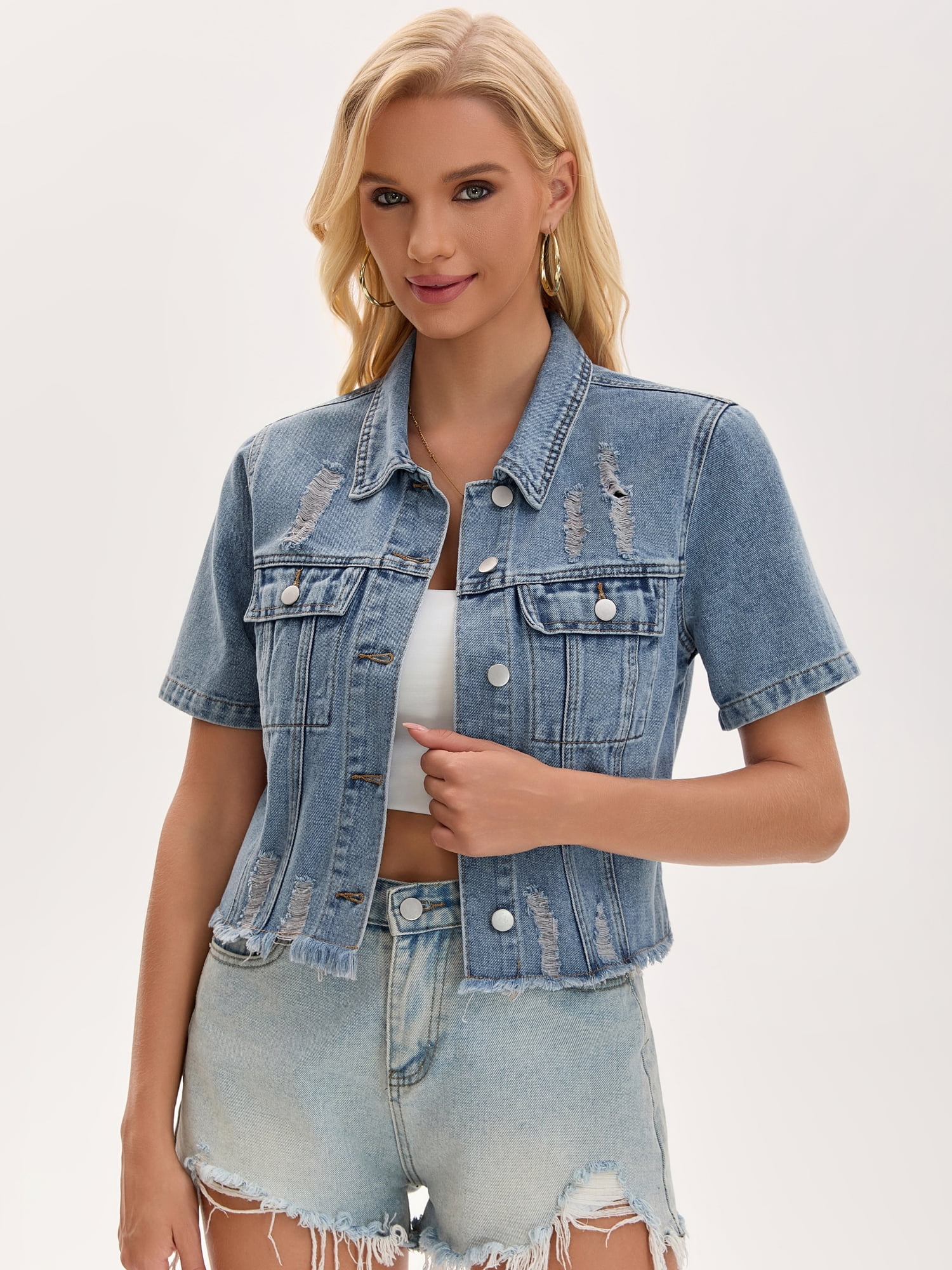 DARING DIVA Women's Short Sleeve Button Up Ripped Frayed Cropped Jean Jacket L Gray Blue