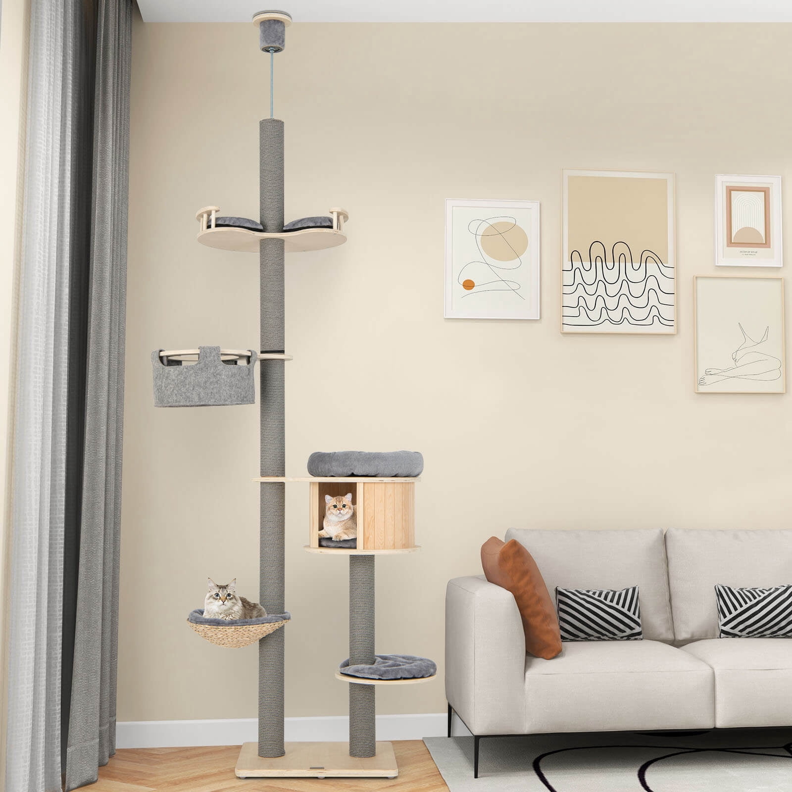 Infans 6-tier Floor-to-Ceiling Cat Tree w/ Cat Condo Hammock Scratching Posts Platform