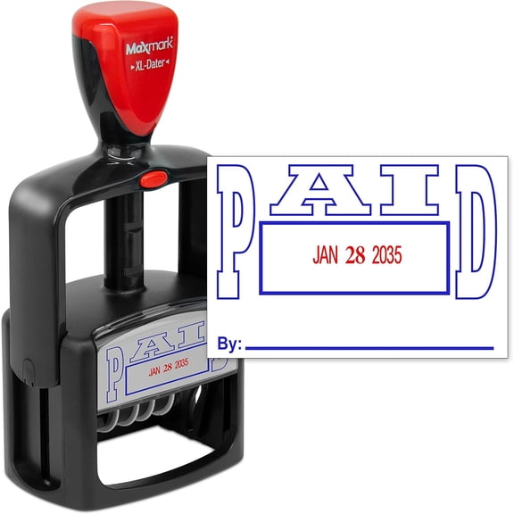 MaxMark Heavy Duty Style 5 Date Stamp with PAID self inking stamp - 2 Color Blue/Red Ink