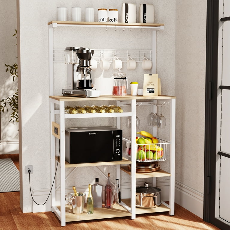 Behost 60 inch Kitchen Island Baker s Rack with Power Outlet Industrial Microwave Stand Coffee Bar White