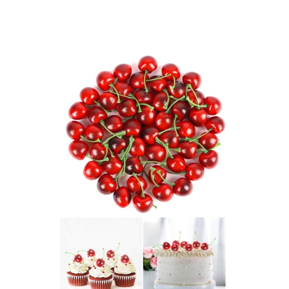 50Pack Fake Cherry Model,1In/2.5cm Lifelike Artificial Cherries for Kitchen Ornament,Yayun Dark Red Bicolor Cherry Ornament for Photography Prop