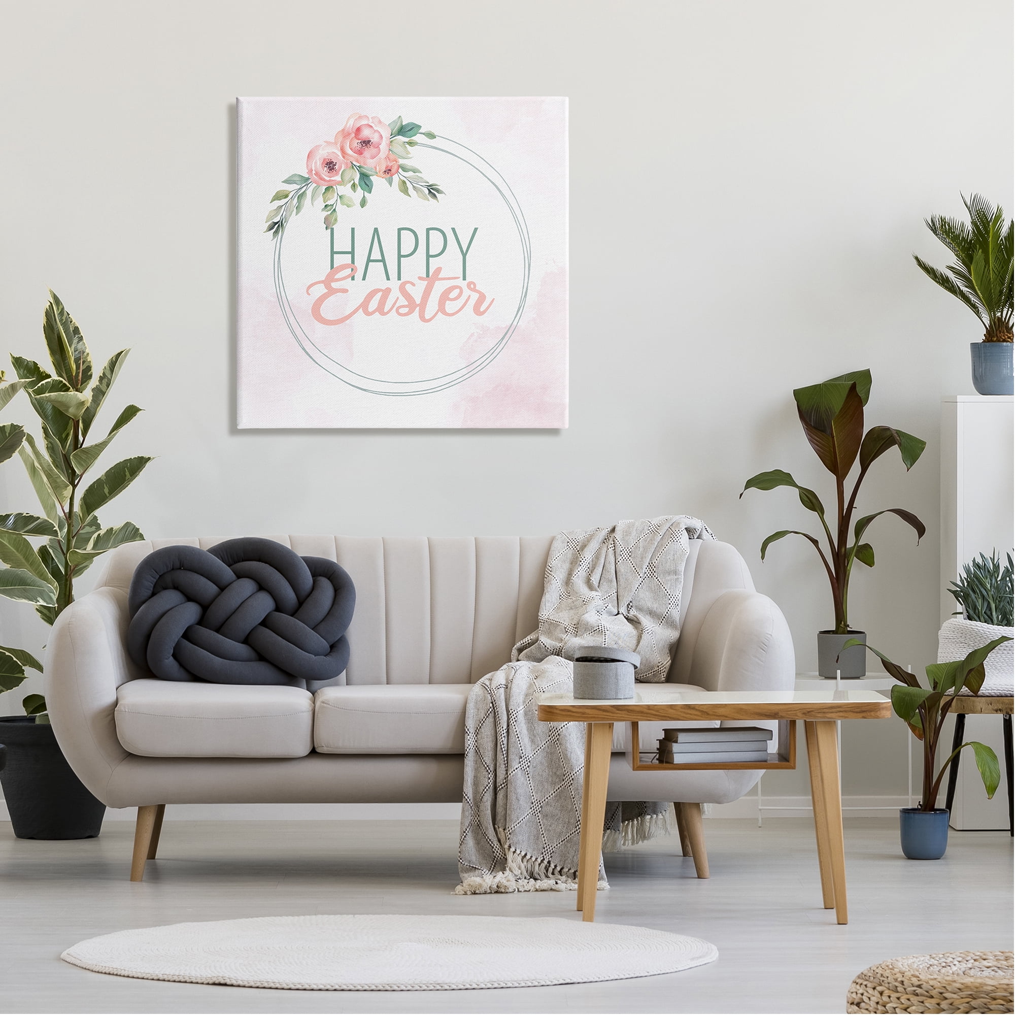 Happy Easter Round Floral Border Pastel Pink Design Canvas Art, 30 x 30, By Kim Allen