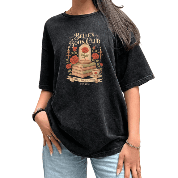 Belles Book Club Rose Book Stack Black Washed Print Tshirt Graphic Tees Shirts Short Sleeve S-2XL Tops