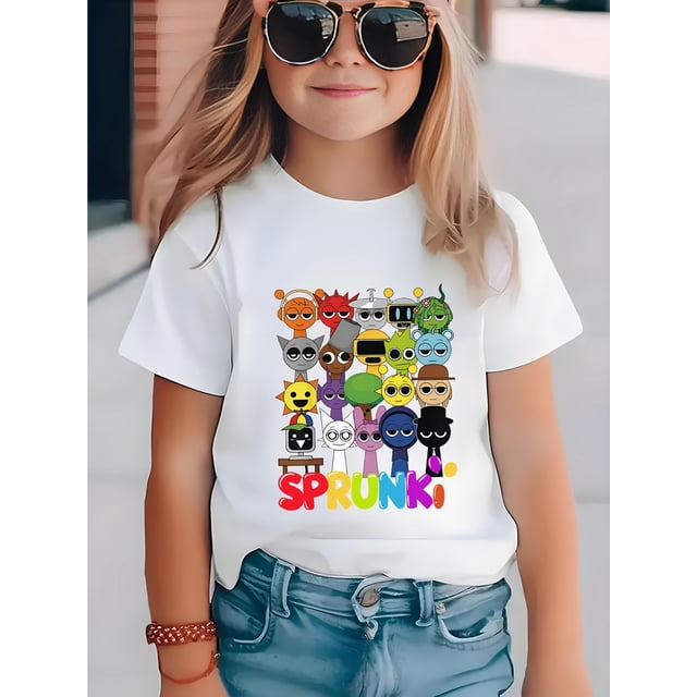Girls' Sprunki Beats Team Game T-Shirt - Breathable, Moisture-Wicking Crew Neck Short Sleeve Tee with Fun Cartoon Characters, Perfect for Casual Streetwear, Summer Fashion for Boys and Teens Over 3 Y