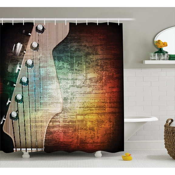 Ambesonne Guitar Shower Curtain, Grunge Retro Tuning Pegs, 69"Wx75"L, Black Orange