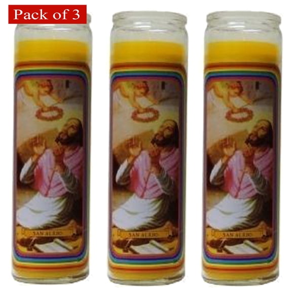 Religious Candle Yellow with Picture of San Aleso, Devotional & Meditation Glass Candle (Pack of 3 Candles)