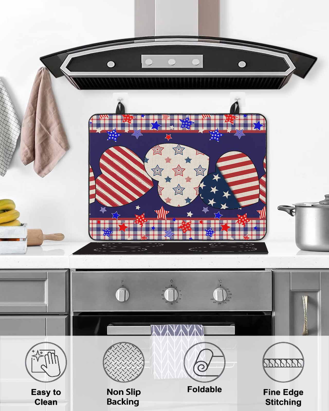 nqOlkjepod Large Induction Cooktop Protector Mat 24"x21", Independence Day Stove Top Covers for Electric Stove, American Flag Star Blue Red Plaid Stove Burner Cover Mats, Glass Top Stove Cover