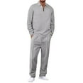 thumbnail image 2 of Men's Spring Fall 2-Piece Casual Set, Long Sleeve Striped Shirt and Half-Zip Square Neck Top with Drawstring Pants, Stylish Waffle Knit Outfit,Light Gray,M, 2 of 9