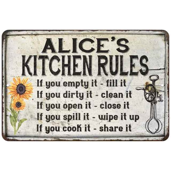 Alice's Kitchen Rules Chic Sign Vintage Décor 8 x 12 Matte Finish Metal 108120032054