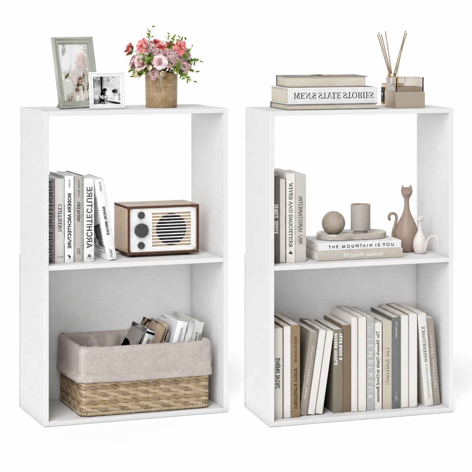 Furnibear Set of 2 3-Tier Freestanding Bookshelf with Open Storage Compartment and Display Shelf for Living Room and Study, White