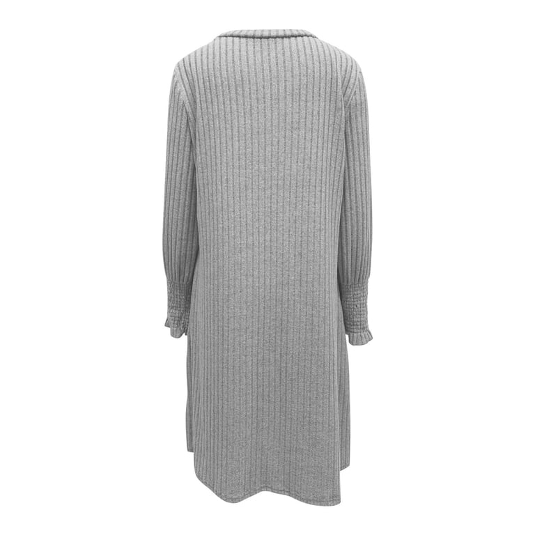 Wmtbsrsw Women's Fall Dress Ribbed Knit Crewneck Long Sleeve A Line Flowy Casual Elegant Going Out Winter Dresses with Pockets Gray Small
