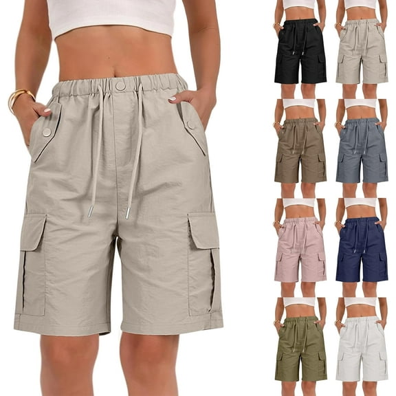 Bermuda Shorts for Women Summer Quick Dry Cargo Shorts with Pockets Outdoor Drawstring Knee Length Hiking Short