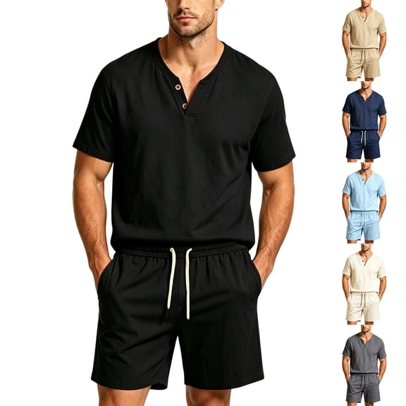 Zenithor Men's 2 Piece Cotton Linen Sets Summer Short Sleeve Button Placket Shirt and Shorts Casual Outfits for Beach Vacation XS-3XL