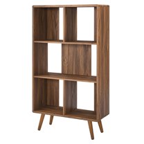Bookcase Wall Shelf Rack, Walnut, Wood, Modern Contemporary, Mid Century Living Hotel Lounge Cafe Lobby