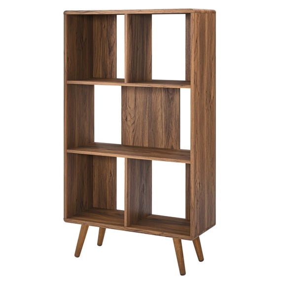 Bookcase Wall Shelf Rack, Walnut, Wood, Modern Contemporary, Mid Century Living Hotel Lounge Cafe Lobby