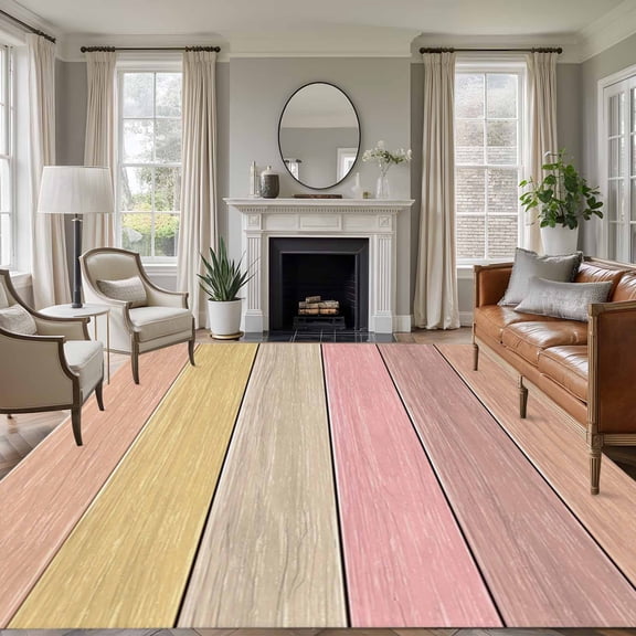 Rectangle Area Rugs 5 x 7 Ft, Pink Wooden Grain Non-Slip Residential Carpet, Vintage Chic Geometric Ombre Brown Indoor Crawling Mats Runner Rugs for Living Room/Dining Room/Bedroom