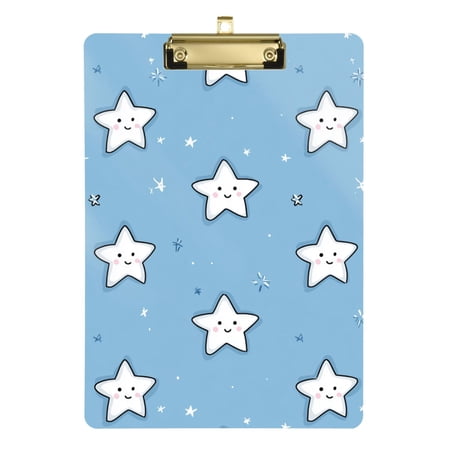 Cute Stars with Happy Face Acrylic Clipboard Drawing Board with Hook Writing Pad File Storage A4 Size Gold 12.5" x 9"