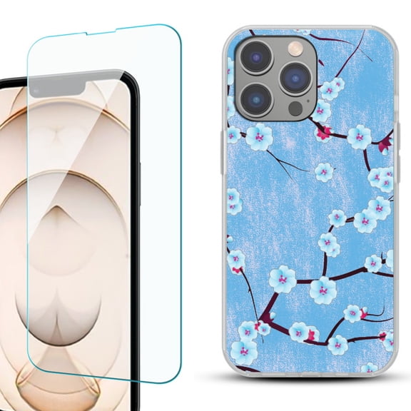 Slim-Fit Gel TPU Phone Case for iPhone 14 Pro, with Tempered Glass Screen Protector, by OneToughShield ® - Blossom Sky