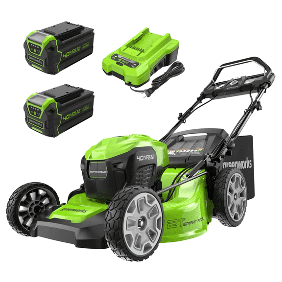 Greenworks 40V 21" Brushless Self-Propelled Lawn Mower, 2 x 4Ah USB (Power Bank) Batteries and Charger Included MO40L4413