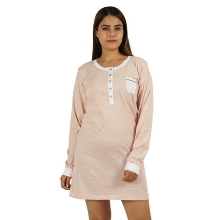 Moomaya Womens Solid Nightshirt Full Sleeve Sleepwear Nightgown W/ Patch Pocket