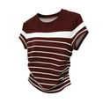 thumbnail image 2 of Uootdi Womens Color Block Striped Tops Round Neck Short Sleeve Ruched Side Design Everyday Chic Style Lightweight Comfortable Tees Gift, 2 of 5