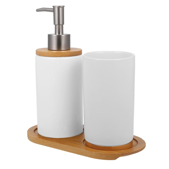 NICEXMAS Bamboo Bathroom Accessory Set Toothbrush Holders White Ceramic 1 Set