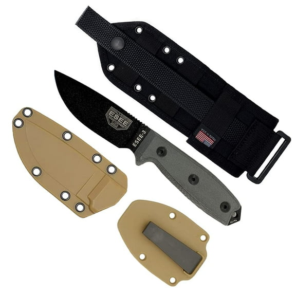 ESEE Knives 3P-MB Fixed Blade Knife w/Molded Polymer Sheath & MOLLE Back (Black Blade/Coyote Brown Sheath)