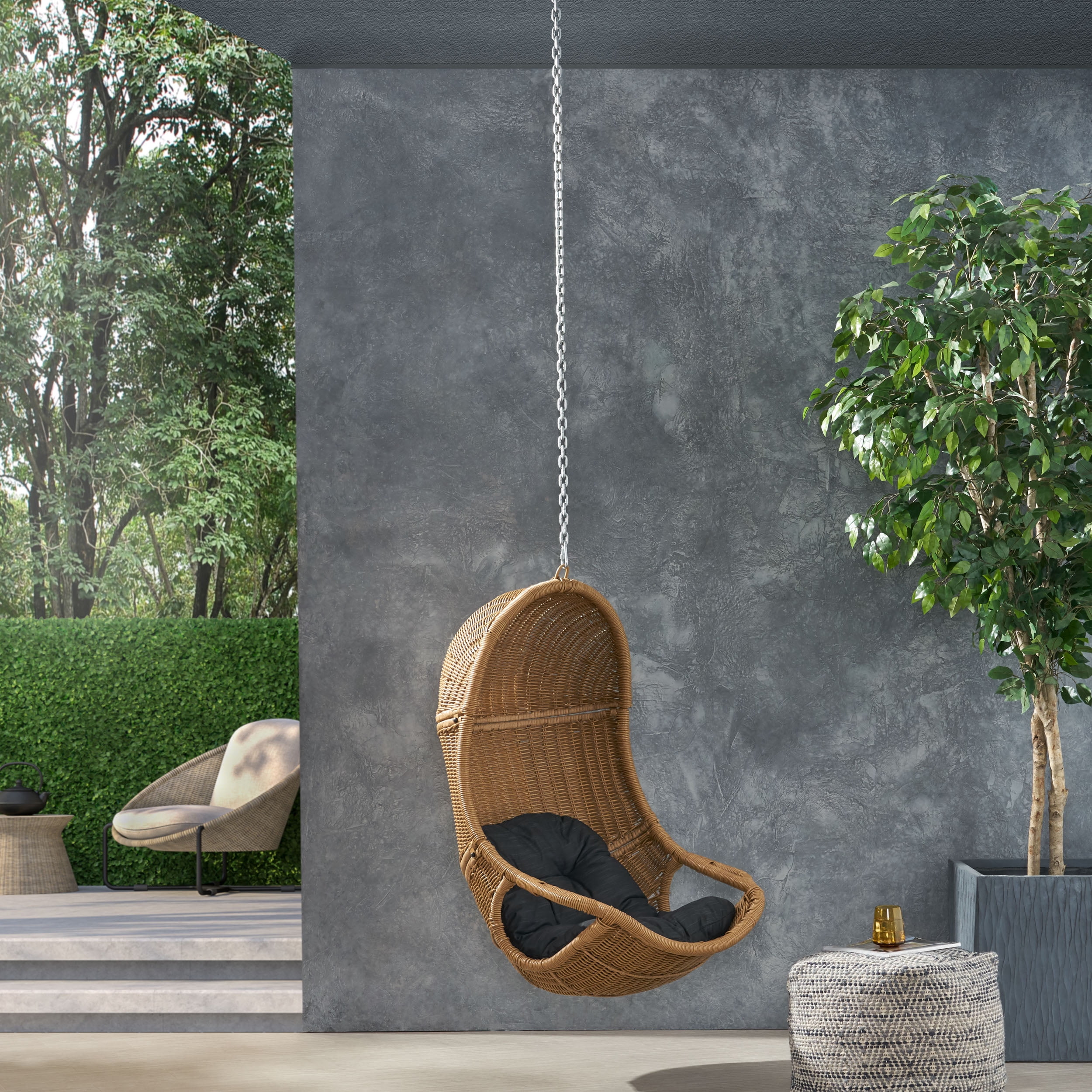 Azlee Wicker Hanging Chair with Dark Gray Cushion, Light Brown (NO STAND)