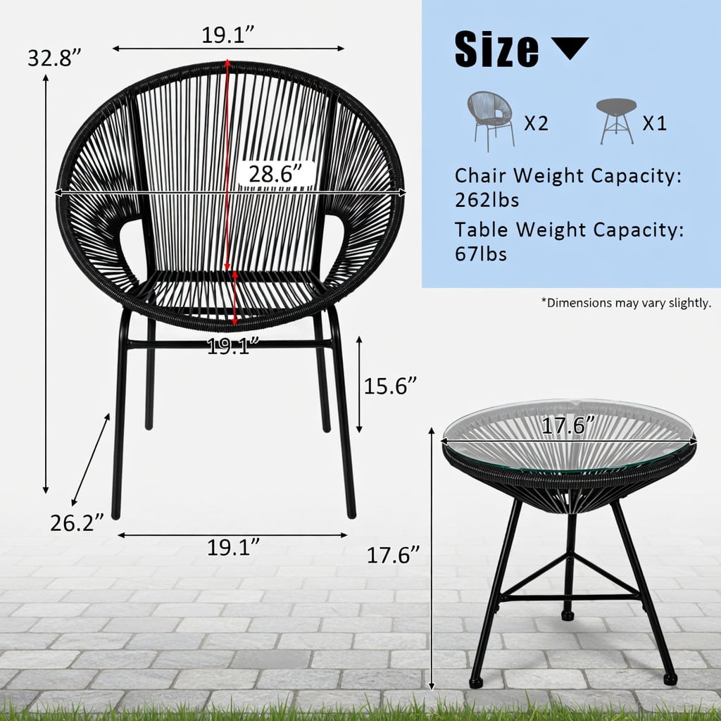 Hommoo 3-Piece Outdoor Acapulco Bistro Set, PE Rope Chairs + Tempered Glass Table for Patio, Yard & Poolside, Black