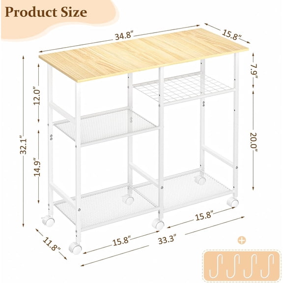 Kitchen Microwave Cart with Adjustable Shelf and Lockable Wheels, 4-Tier Rolling Storage Organizer for Coffee Bar, Office, Balcony
