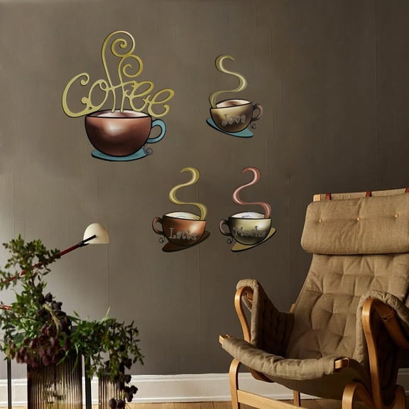 HELLOYOUNG 11.4 Inch 4pcs Handcrafted Coffee Mug Art – Rustic Metal Wall Signs Vintage Steaming Mugs for Farmhouse Kitchen American Style Mugs Latte & Cursive Lettering Mark Sign