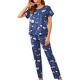 thumbnail image 1 of Conjunto de pijamas Top de manga corta Patrón de impresión elegante Ropa de dormir de cuello redondo suelta transpirable con pantalones largos Azul oscuro L, 1 of 6