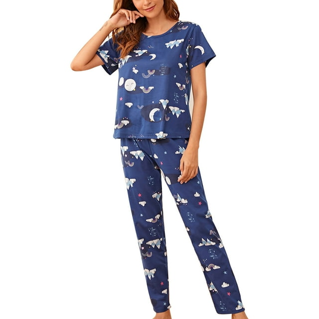 Conjunto de pijamas Top de manga corta Patrón de impresión elegante Ropa de dormir de cuello redondo suelta transpirable con pantalones largos Azul oscuro L