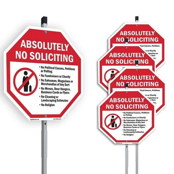 Absolutely No Soliciting No Political Causes Petitions or Polling (5 Pack) 10 inch X 10 inch Octagon Aluminum Metal Signs with Aluminum Mounting Stakes Weather Resistant UV Protected