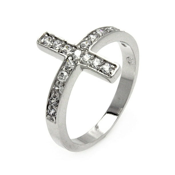 Clear Pave Set Cubic Zirconia Sideway Cross Ring Rhodium Plated ...