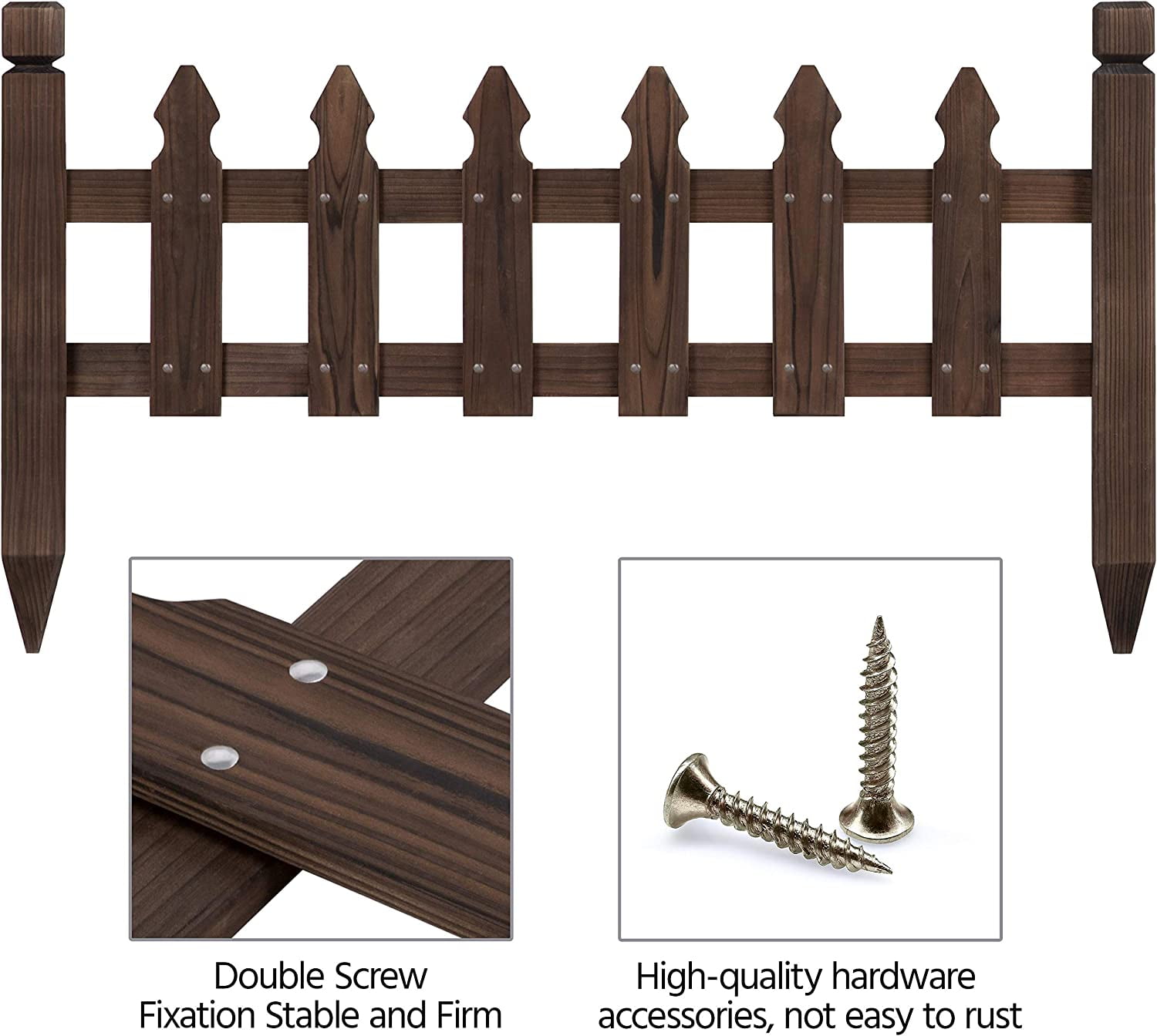 JFTER Decorative Garden Fence Landscape Wood Picket Fencing Ornamental Panel Border Edging Patio Flower Garden Bed Pool Fences Outdoor,Dark Brown 177.5 in