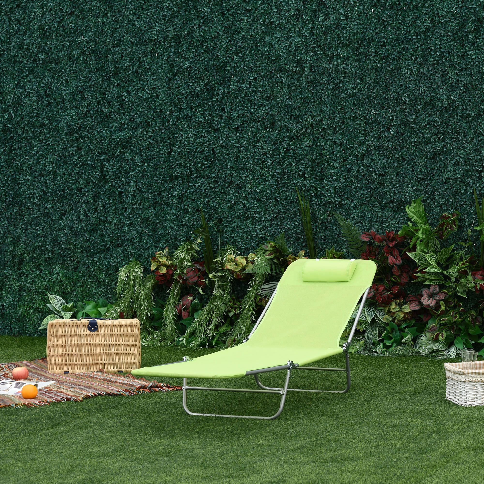 Folding Chaise Lounge Chair, Green, Portable, 6-Level Adjustable Back, Pillow Included, Ideal for Patio, Garden, Beach
