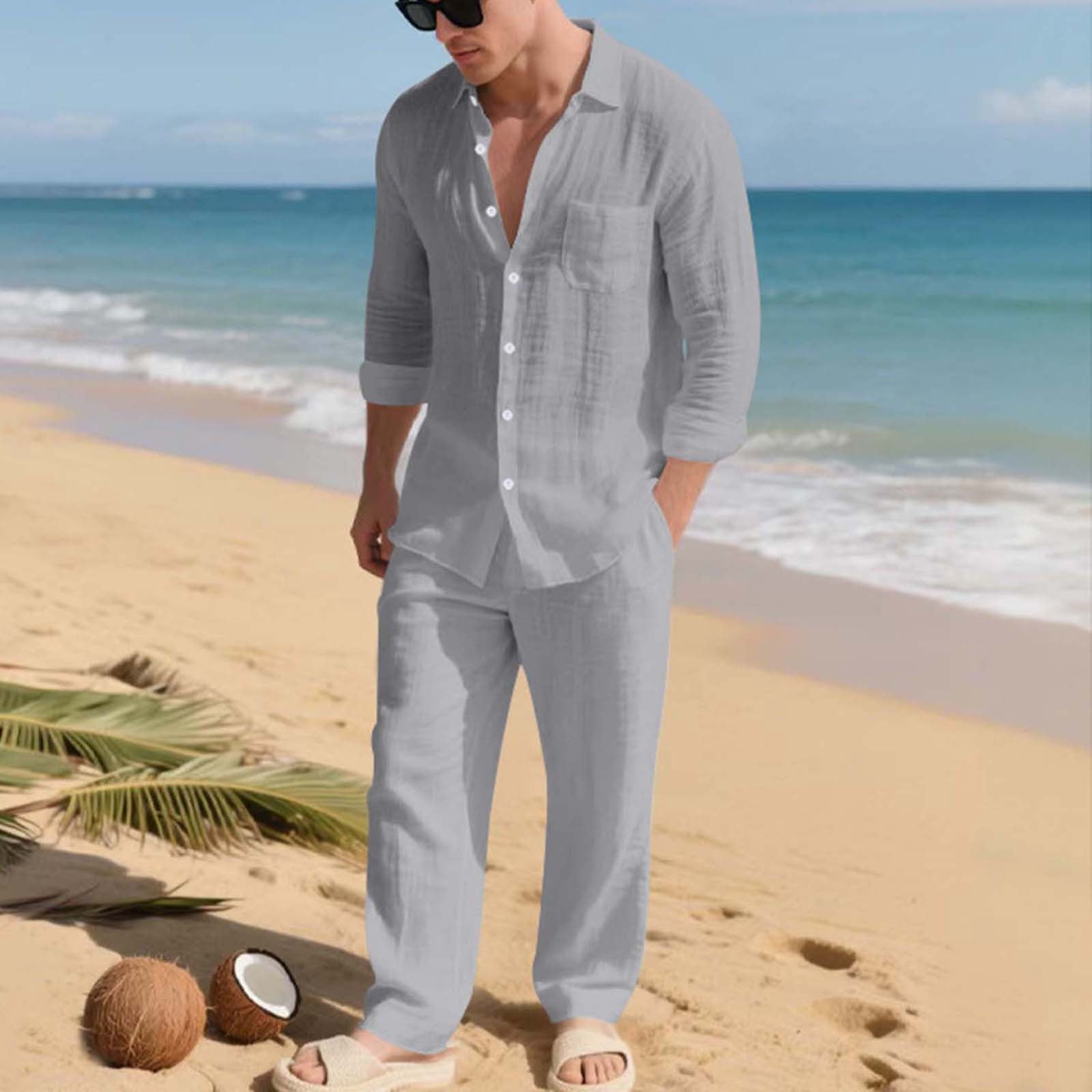 Men's Linen Casual Outfits Piece Solid Color Cuban Shirt and Pants Set Lightweight Beach Vacation Suit