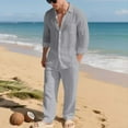 thumbnail image 3 of Aofany Men's 2 Piece Outfits Linen Set Solid Turndown Collar Long Sleeve Button Shirts and Drawstring Elastic Wais Pants Casual Beach Outfits, 3 of 8