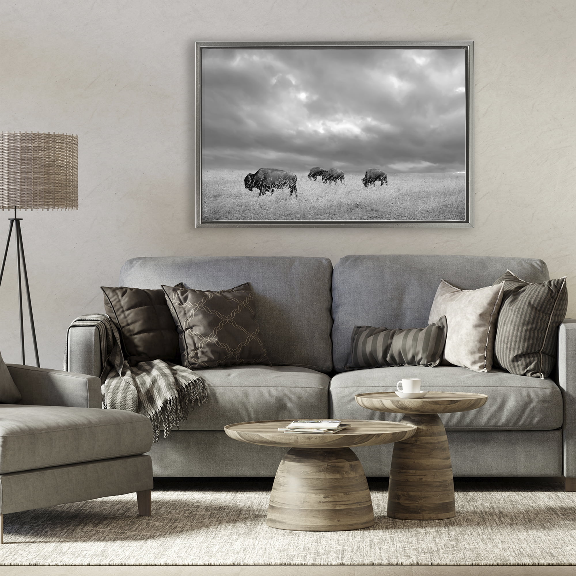 Stupell Industries Bisons Under an Autumn Sky Gray Framed Floater Canvas Wall Art, design by Steve Toole