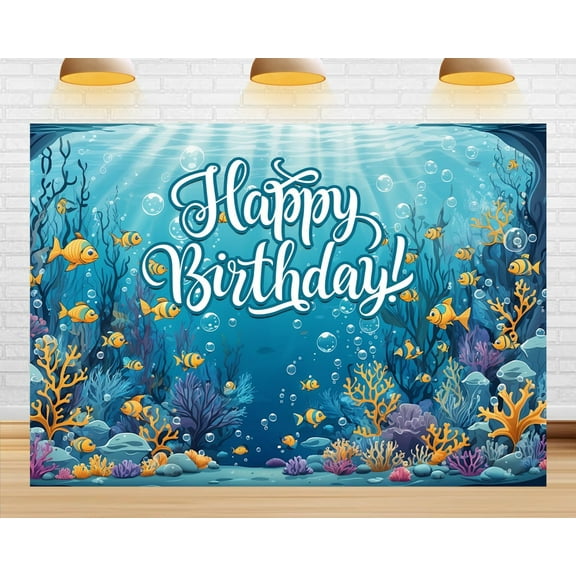 Underwater World Theme Happy Birthday Backdrop Underwater World Background Banner Children's Ocean Colorful Fish and Coral Birthday Decoration Props