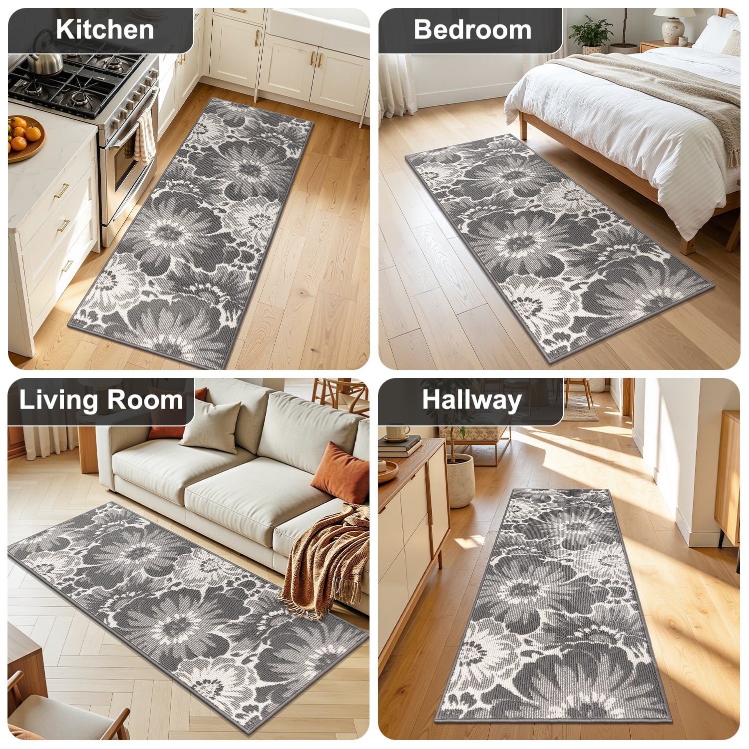 Findosom Runner Rug for Hallway 2x8 ft,Non-slip Machine Washable Runners Flower Floor Mats Low Pile Carpet Rug Runner with Rubber Backing for Entryway Doormat Bathroom Kitchen Laundry Room,Gray