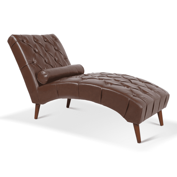 Tufted Faux Leather Chaise Lounge Chair with Curved Seat and Wood Legs, Brown