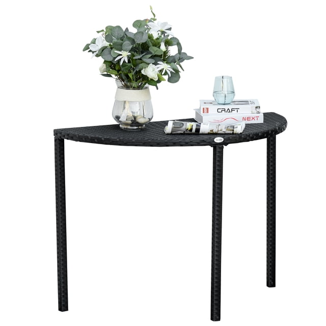 Outsunny Half Round Side Table, Rattan Coffee Table with Metal Frame Black