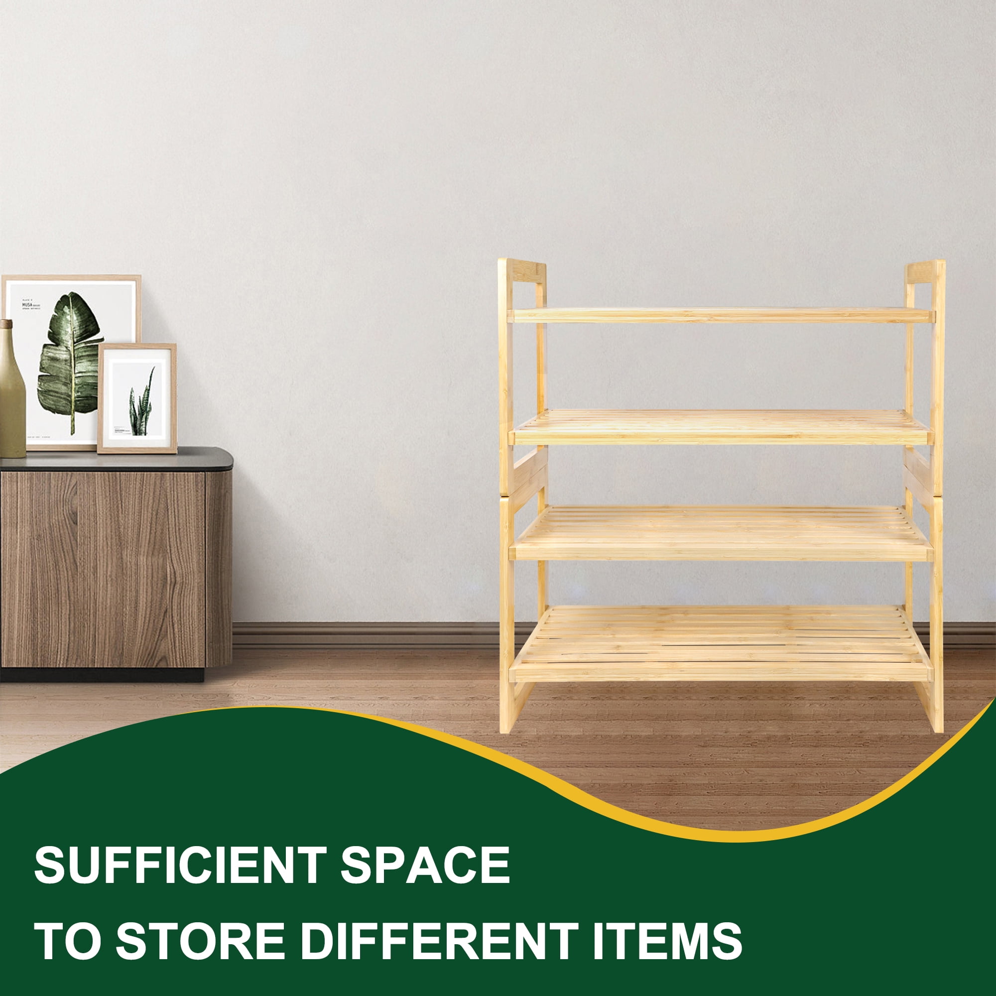 Bamboo Shoe Rack Kit, 4-Tier Bamboo Shoe Storage Organizer, Holds Up to 300 lb, for Entryway Bathroom Bedroom, Free Standing Shoe Racks for Indoor Outdoor, Stackable | Foldable | Natural