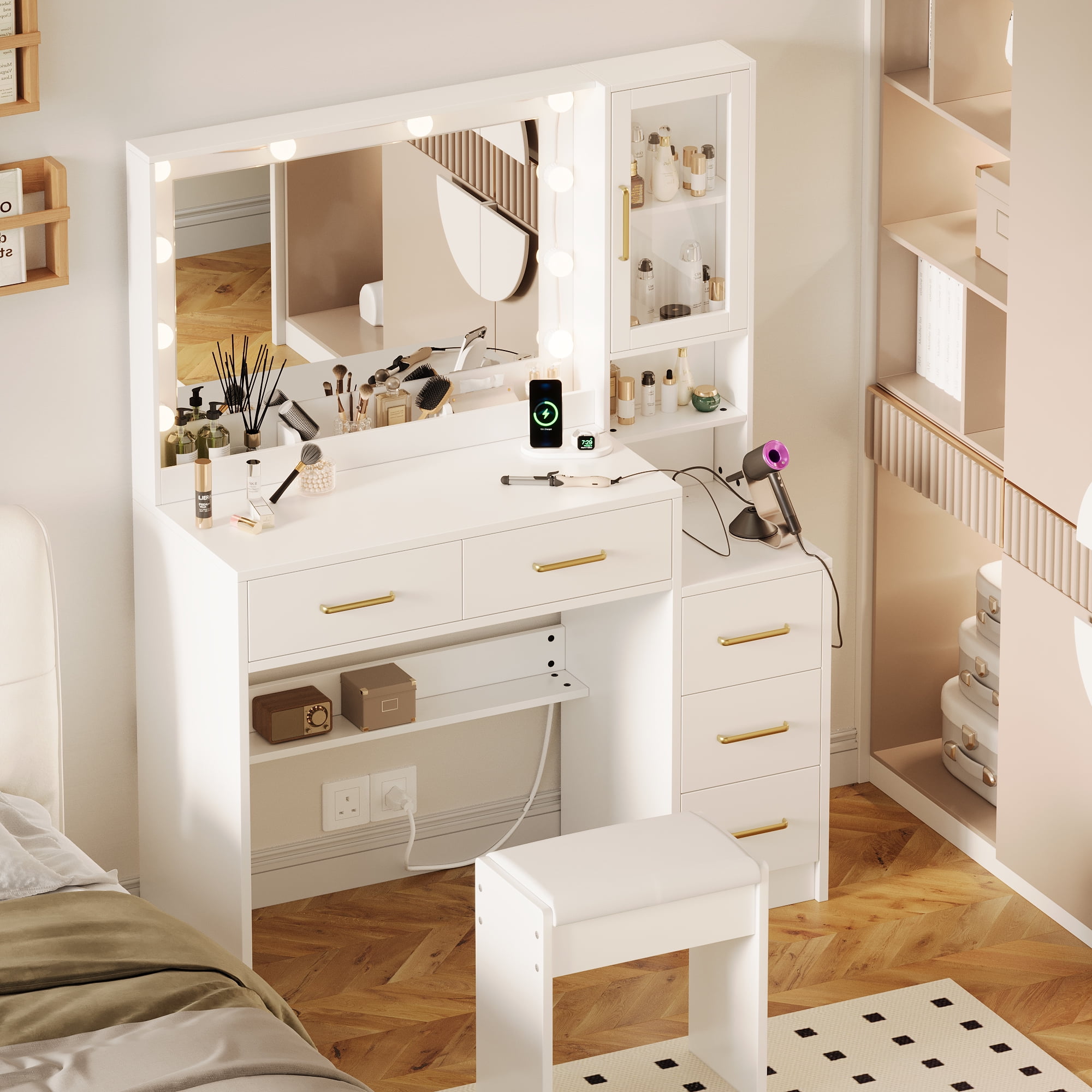 UGTOO 35.4" White Makeup Vanity Desk with LED Mirror, Solid Wood Frame, 5-Drawer Dressing Table, Gold Handles
